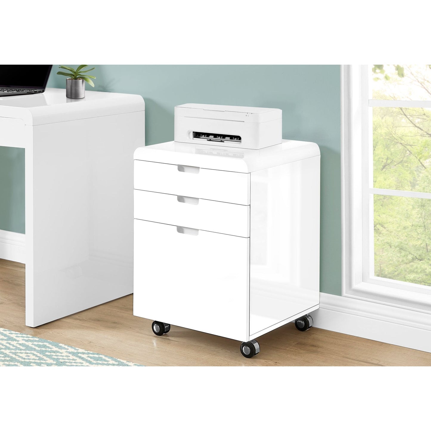 Filing Cabinet - 3 Drawer / High Glossy White / Castors