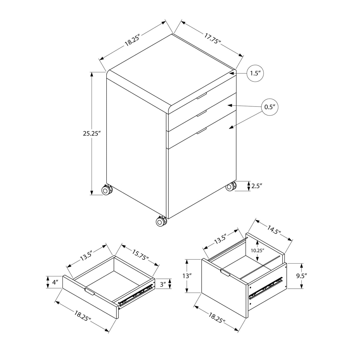 Filing Cabinet - 3 Drawer / High Glossy White / Castors