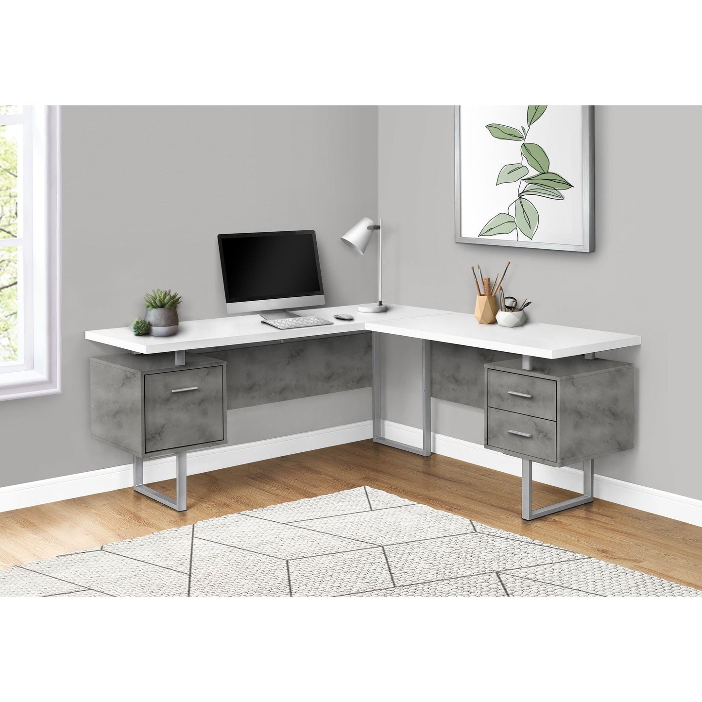 Computer Desk - 70"L / White/ Concrete/ Silver Metal/ L/R