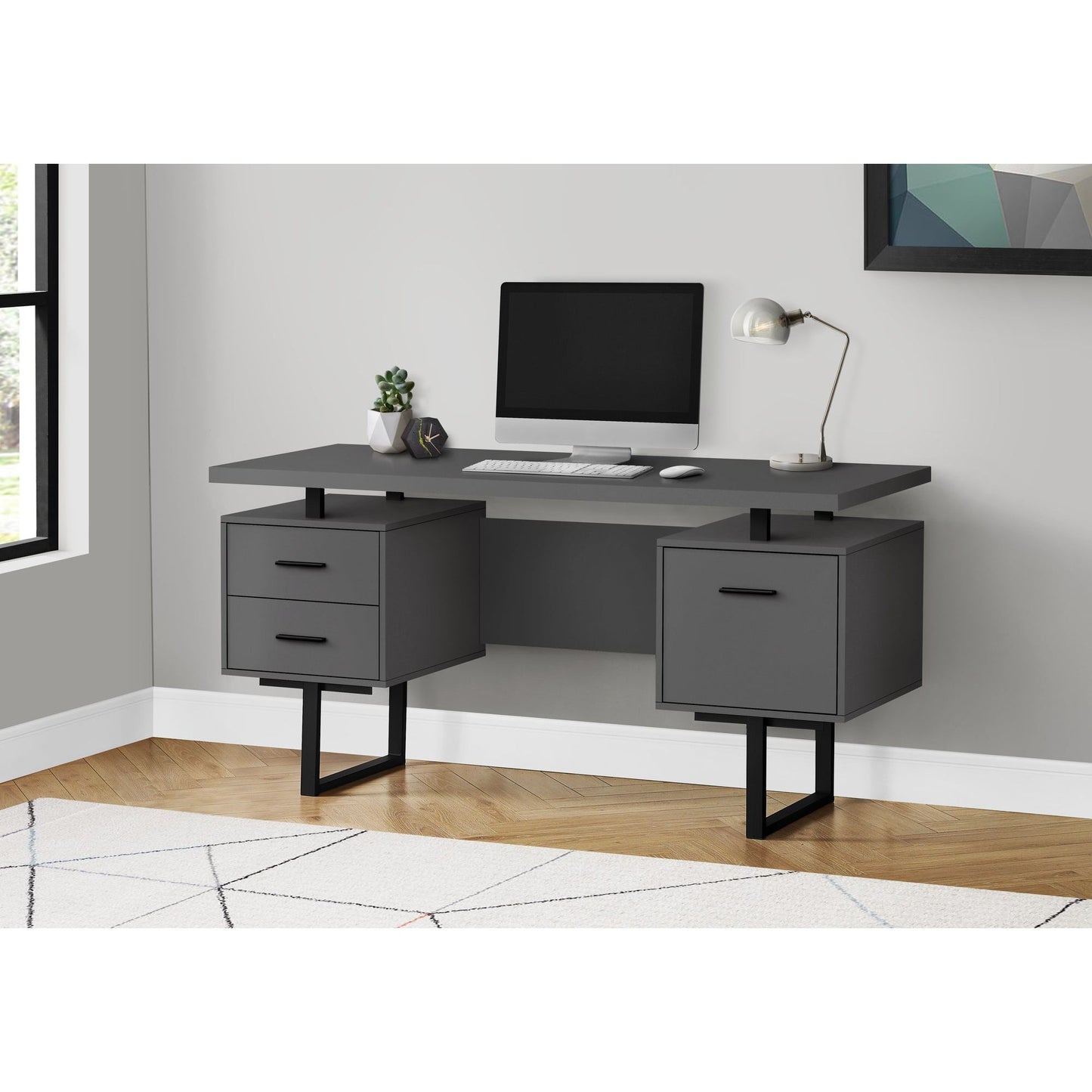 Computer Desk - 60"L / Modern Grey / Black Metal