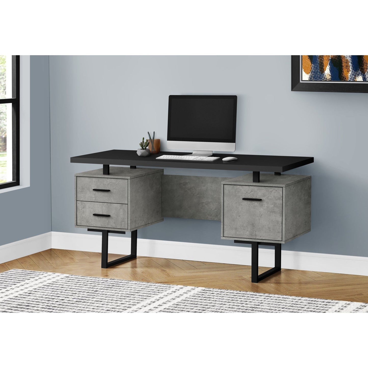 Computer Desk - 60"L / Black / Grey Concrete/ Black Metal