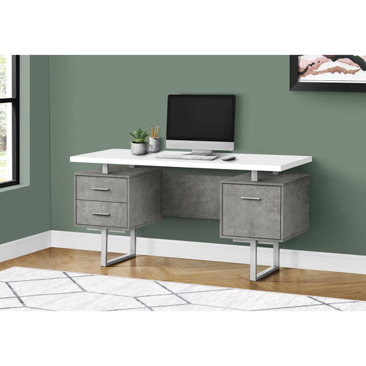 Computer Desk - 60"L / White/ Grey Concrete/ Silver Metal