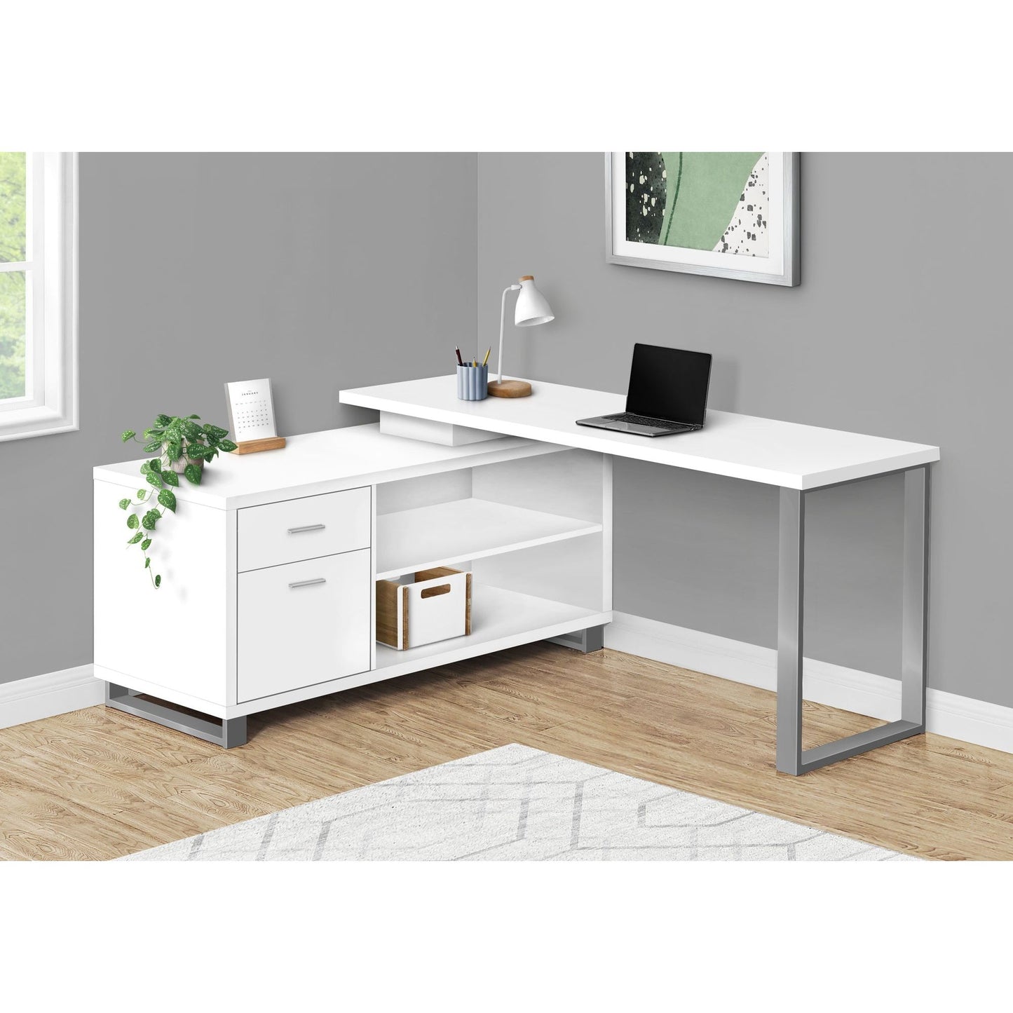 Computer Desk - 72"L White / Silver Executive Corner