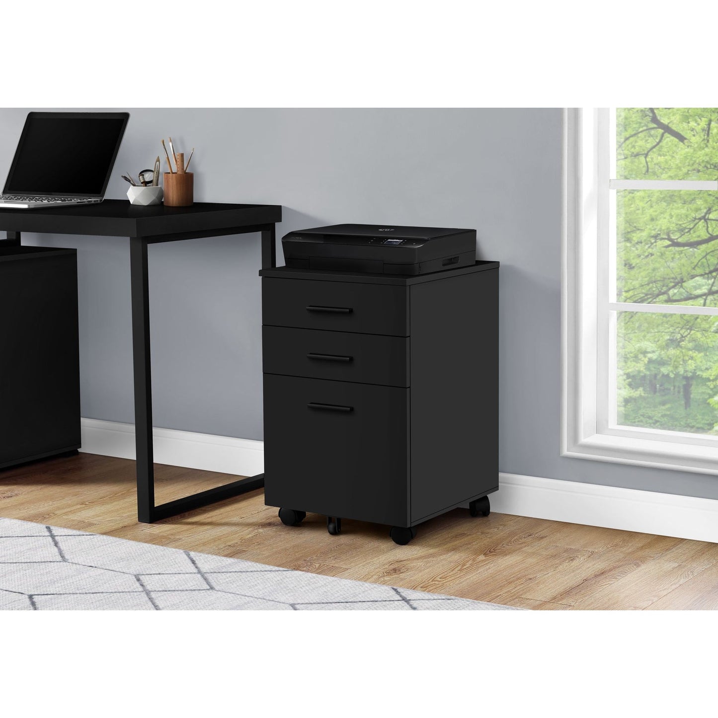 Filing Cabinet - 3 Drawer / Black On Castors