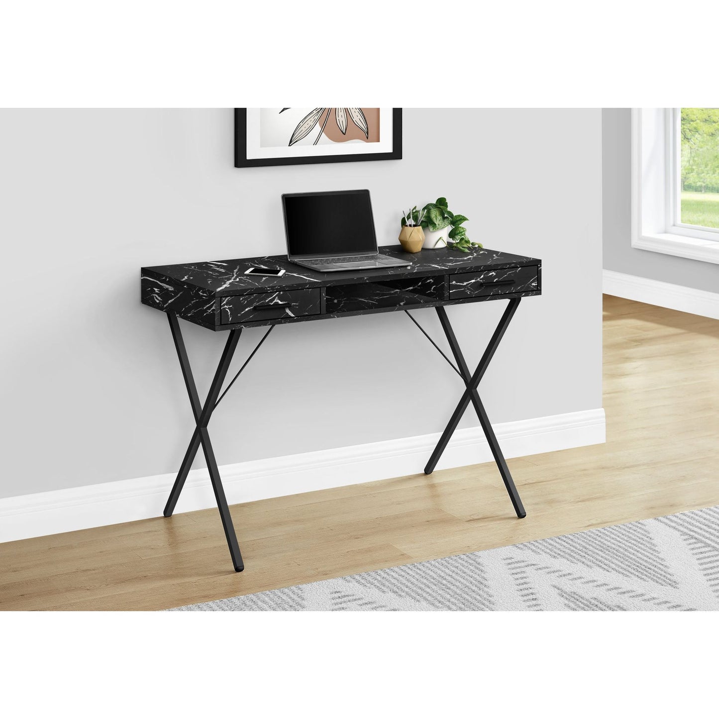 Computer Desk - 42"L / Black Marble / Black Metal