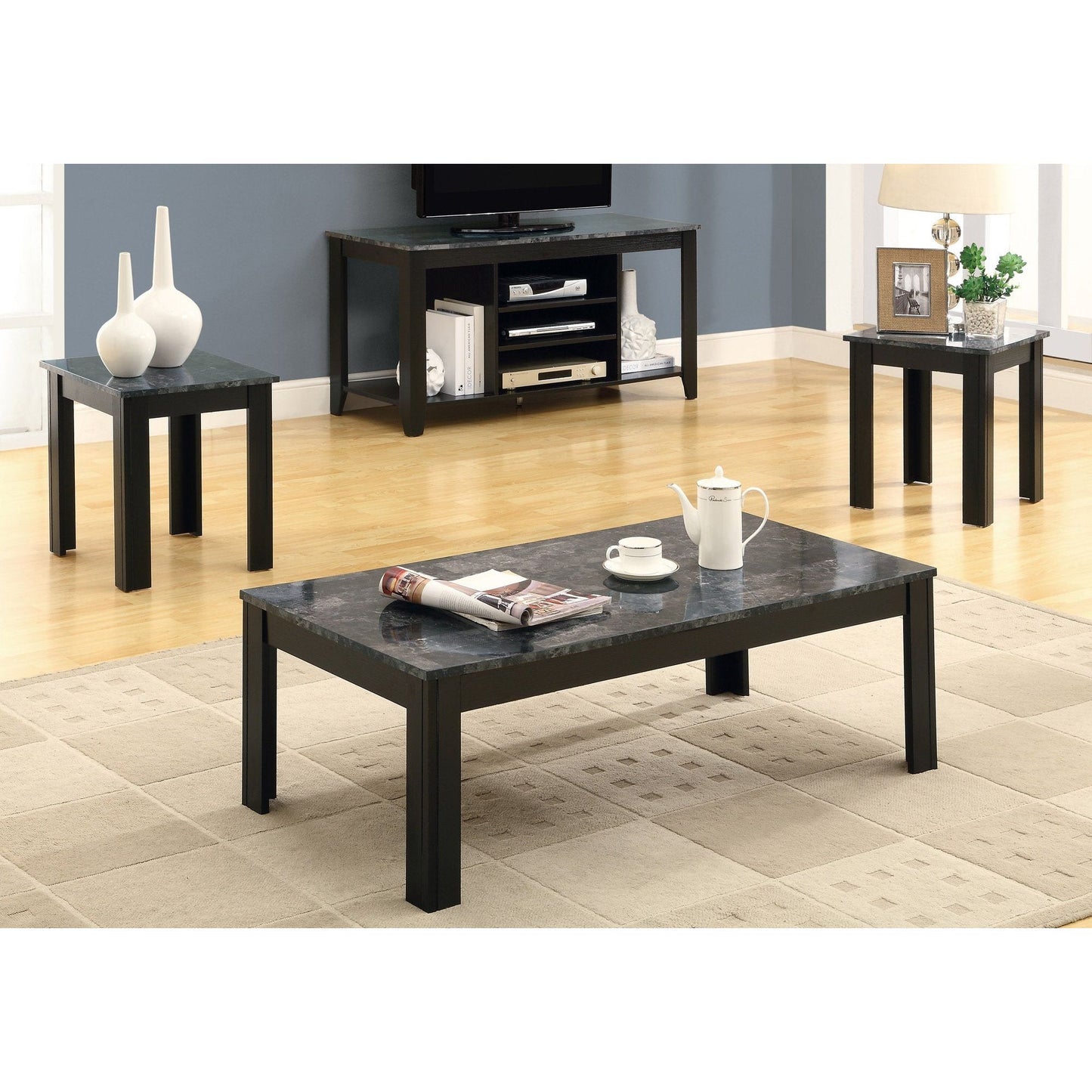 Coffee Table Set - 3Pcs Set / Black / Grey Marble-Look Top