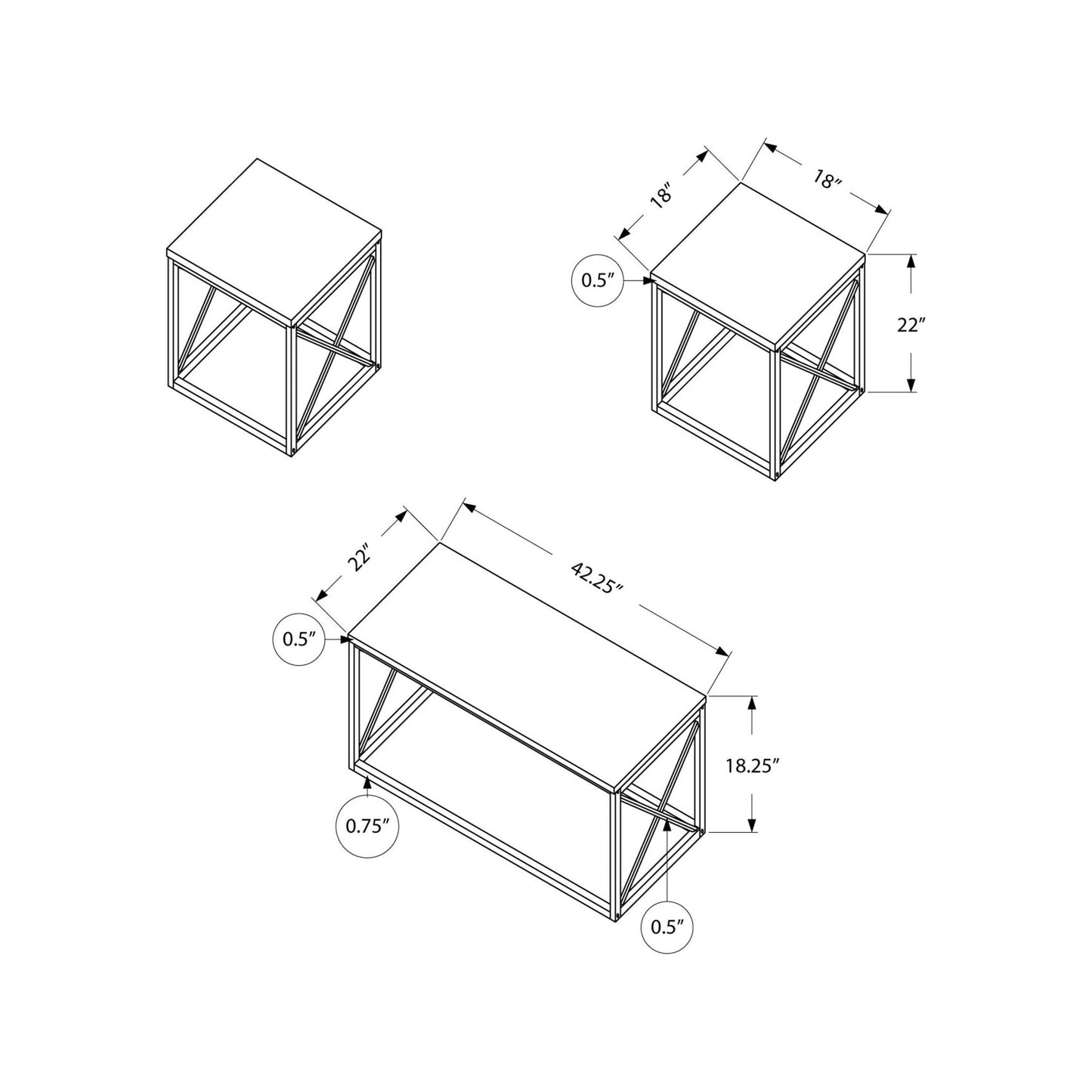 Coffee Table Set - 3PCs Set / White / Silver Metal