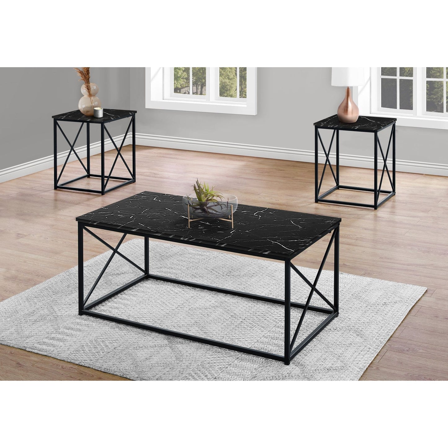 Table Set - 3PC Set / Black Marble / Black Metal