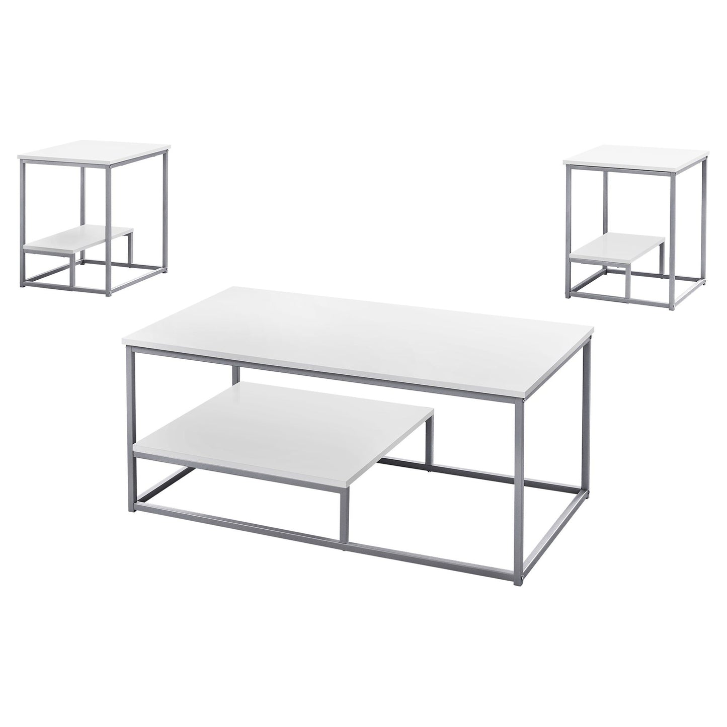 Coffee Table Set - 3Pcs Set / White / Silver Metal