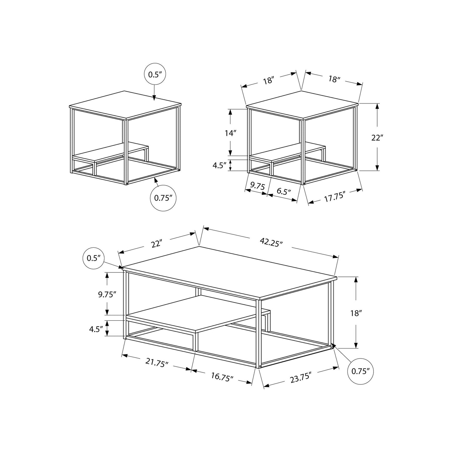 Coffee Table Set - 3Pcs Set / White / Silver Metal