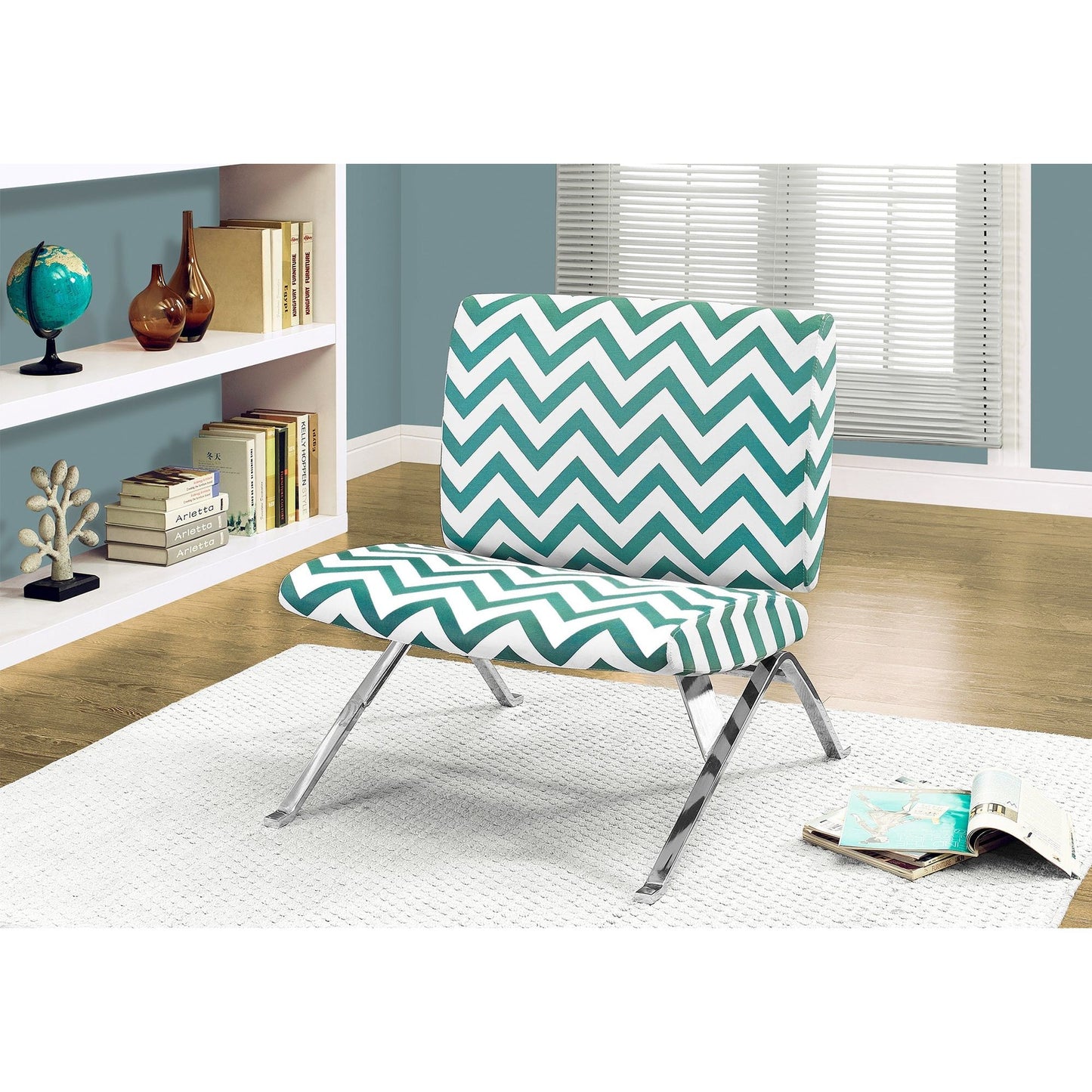 Accent Chair - Teal " Chevron " Fabric / Chrome Metal