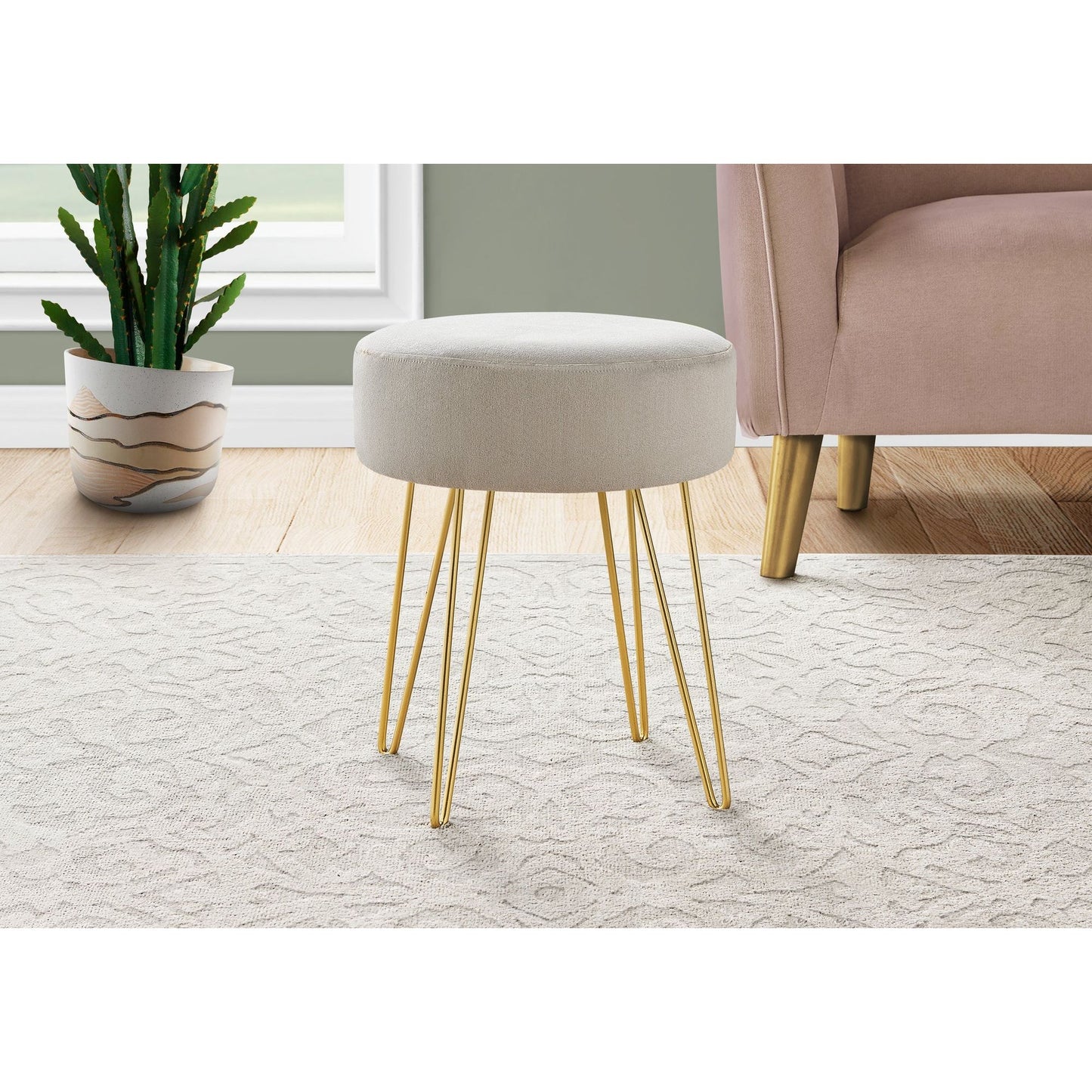 Ottoman - Beige Fabric / Gold Metal Legs