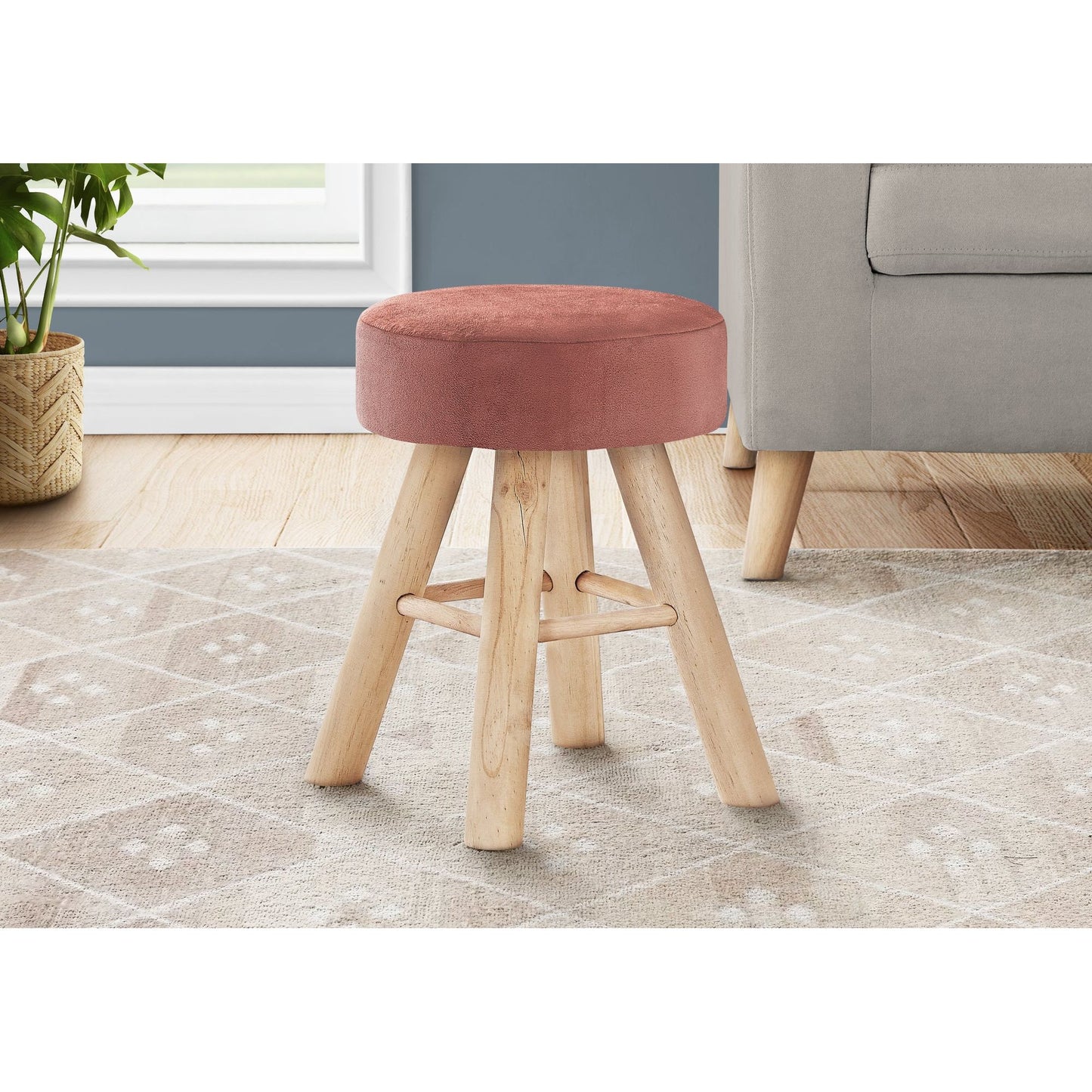 Ottoman - Dark Pink Velvet / Natural Wood Legs