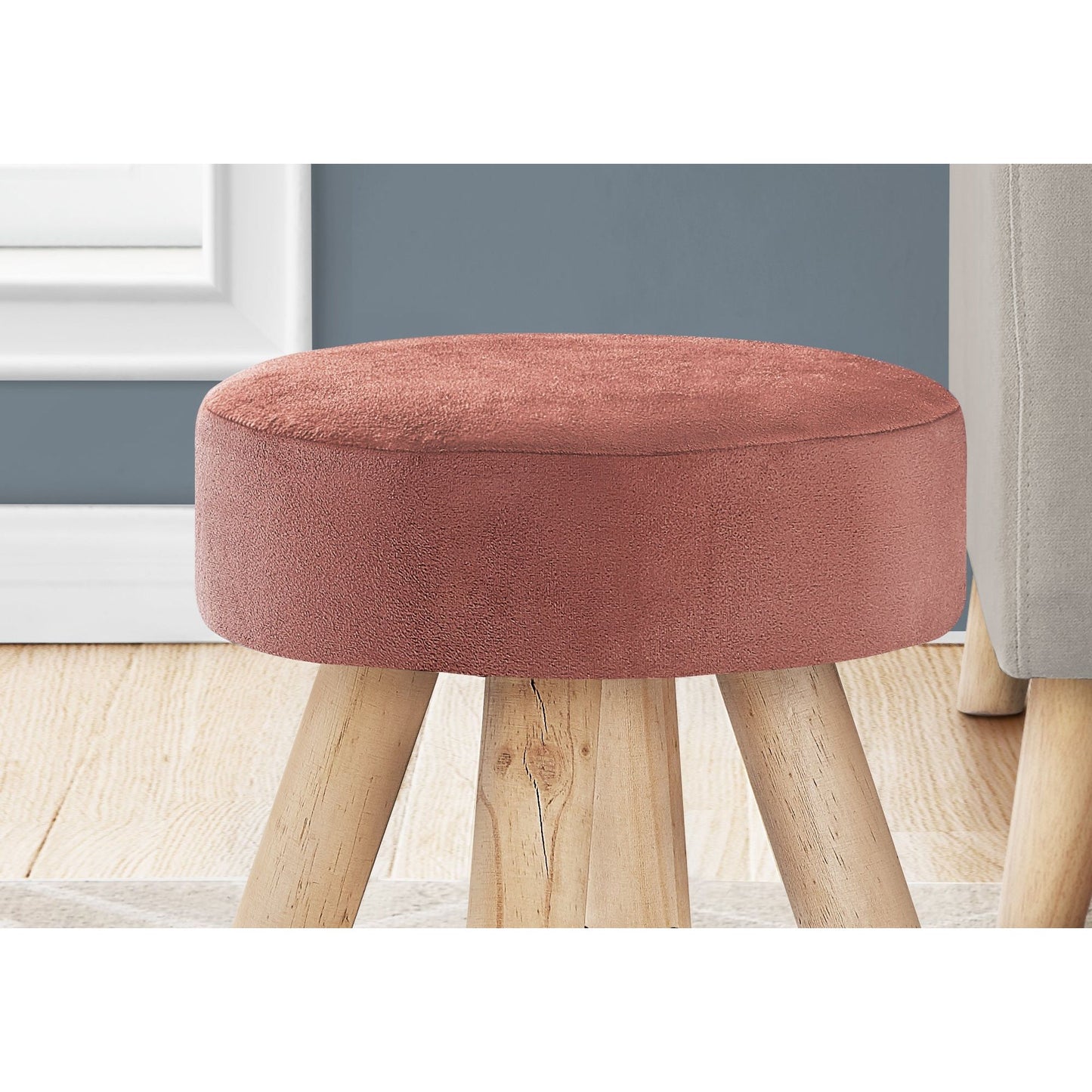 Ottoman - Dark Pink Velvet / Natural Wood Legs