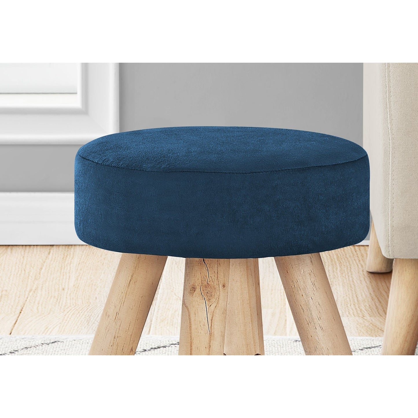 Ottoman - Blue Velvet / Natural Wood Legs