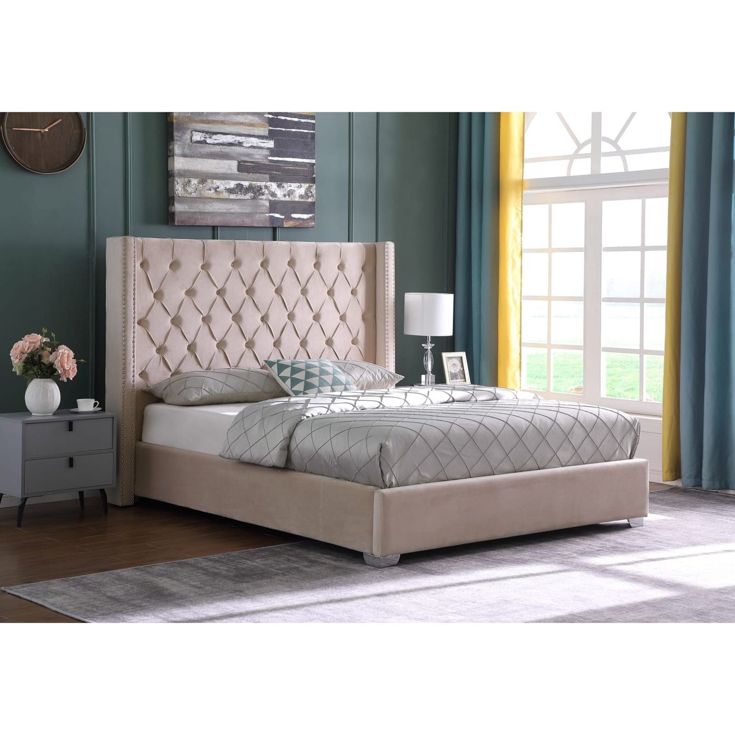 Peralta Platform Bed, Beige Velvet - Full